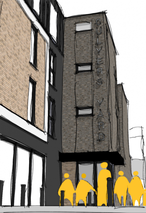 Culyers Yard Brentwood High Street 13 No of Flats 2 bed and 3 bed flats occuy penthouse top zinc box street view entrance view sketch.jpg