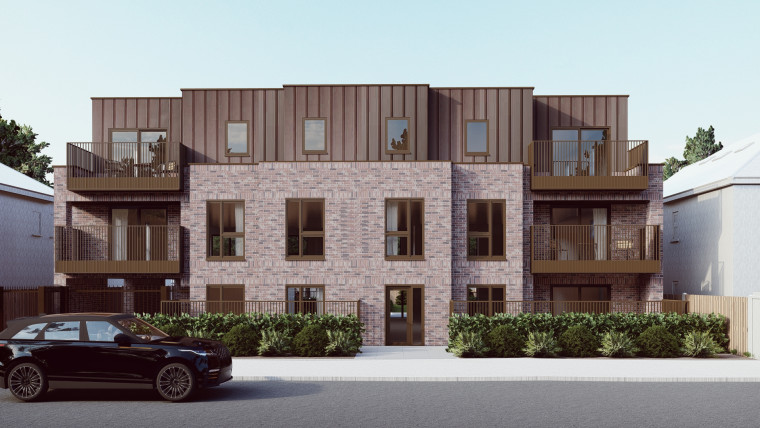 Ardleigh Green Apartments Aerial View New Build Development Hornchurch Planning permission solar panel susatainability render framed glass balcony red brick work v2