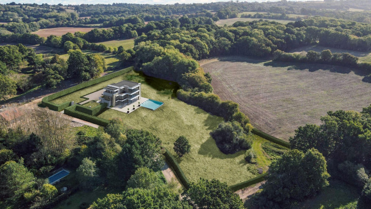 Smugley Farm New Build Kent basement ariel view intensive green roofs biodiversity