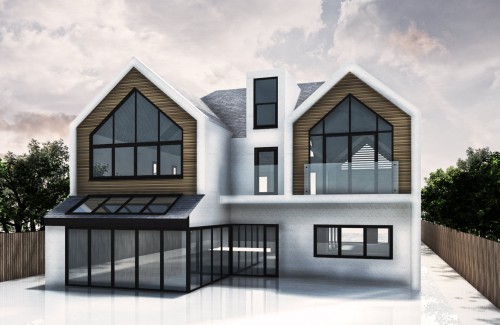 Lake Billericay New Build Contemporary Home Dusk view soft timber detailing White render Rear CGI v2