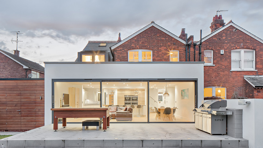 1.Hero Vicarage Chelmsford Contemporary Extensions Refurbishment Brick house Open Plan Kitchen Diner interior design family room sliding doors BBQ area landscape render