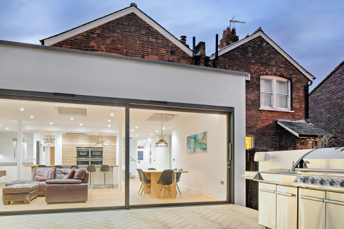 Vicarage Chelmsford Contemporary Extensions Refurbishment Open Plan Kitchen Diner Brick house interior design family room sliding doors BBQ area render