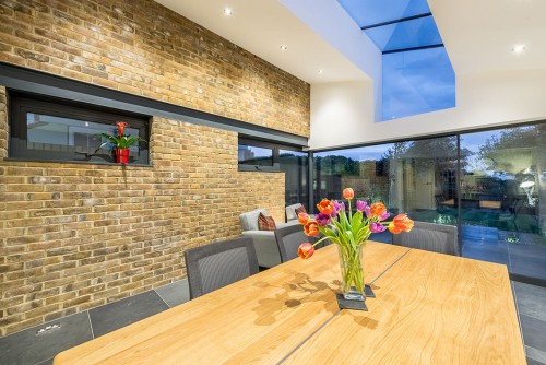 Mill Lane Stock Contemporary Extension Family room frameless glass single entrance sidling door Brick Wall Window ceiling