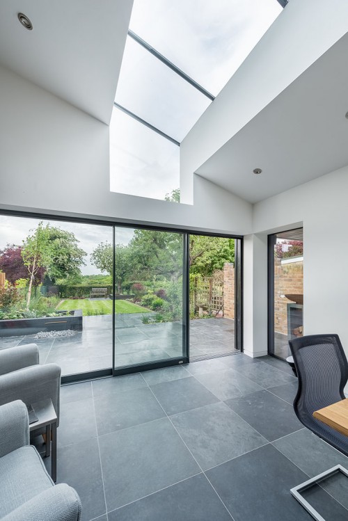 Mill Lane Stock Contemporary Extension Family room frameless glass single entrance sidling door v2