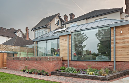 Hall B Upminster Contemporary Extension Zinc Roof Full Height Glazing Garden Landscape