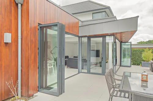 Bowhay Hutton Mount Shenfield Contemporary Extensions and Refurbishment Bifold doors with Cladding and Zinc Close Up Element