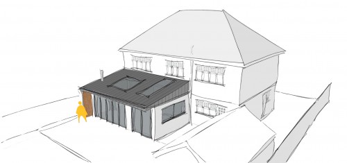 Priest C Shenfield Contemporary Extension bifold doors open plan family area fireplace garden patio ariel view