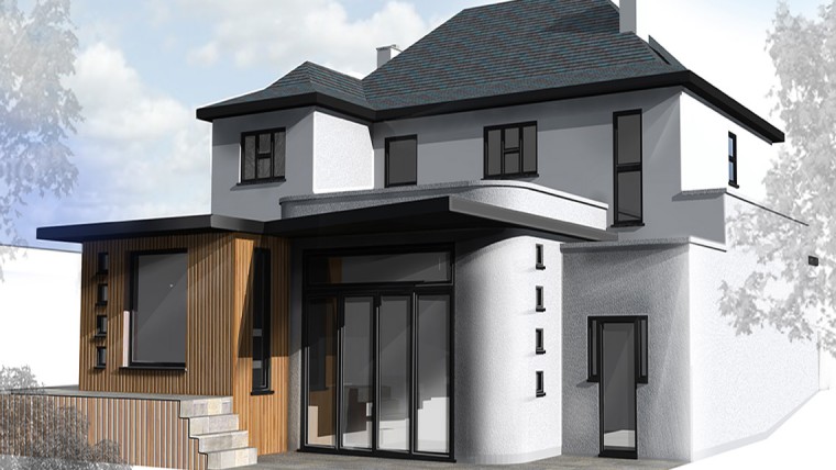 CGI Hogarth Shenfield Contemporary Extension Smooth render new brickwork western red cedar cladding back
