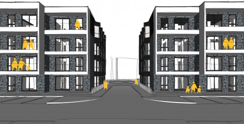 Moreton Bay Forty Two Apartments cycle stores associated car parking Romford side front view mini street sketch