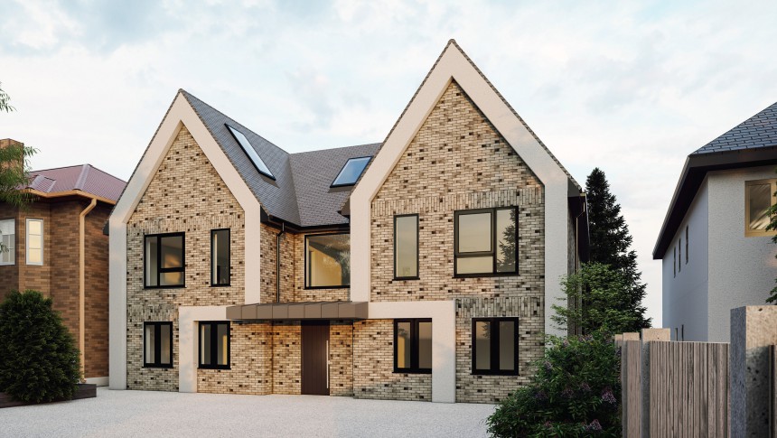 1.HERO Cedarwood New Build Contemporary Home render framed gables with large glazed windows hutton mount five bedrooms 