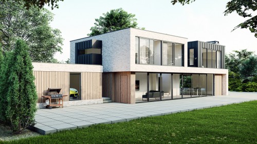 Oaks Pines New Build Contemporary Houses Great Warley double garage front corner Alfresco Dining