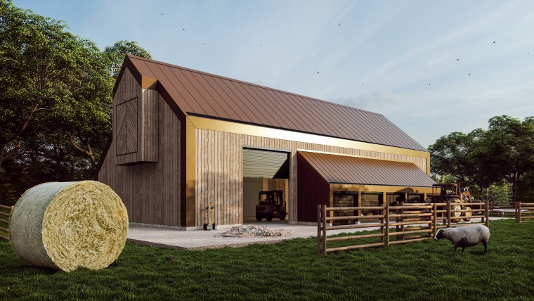 1.HERO Agricultural Barn Essex hardwood timber zinc pigmento brown standing seam cladding contemporary roller shutters windows doors New Build