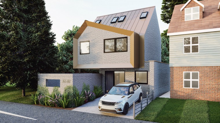 1.HERO Alexander New Build Contemporary Home Shenfield One bedroom contemporary grey brick podium steel supports