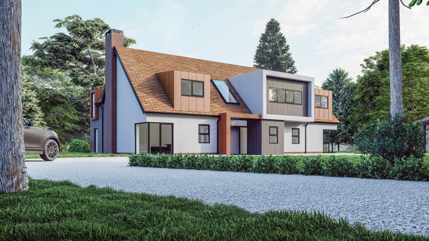 2.Pudding epping essex New Build Contemporary Home Contemporary 4 Bedroom New Build house with Detached Garage drone view front side view