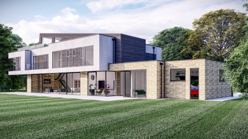 Gable end Bishop Stortford essex hertfordshire hertford rear side view glazed facade New Build Contemporary Home basement triple garage